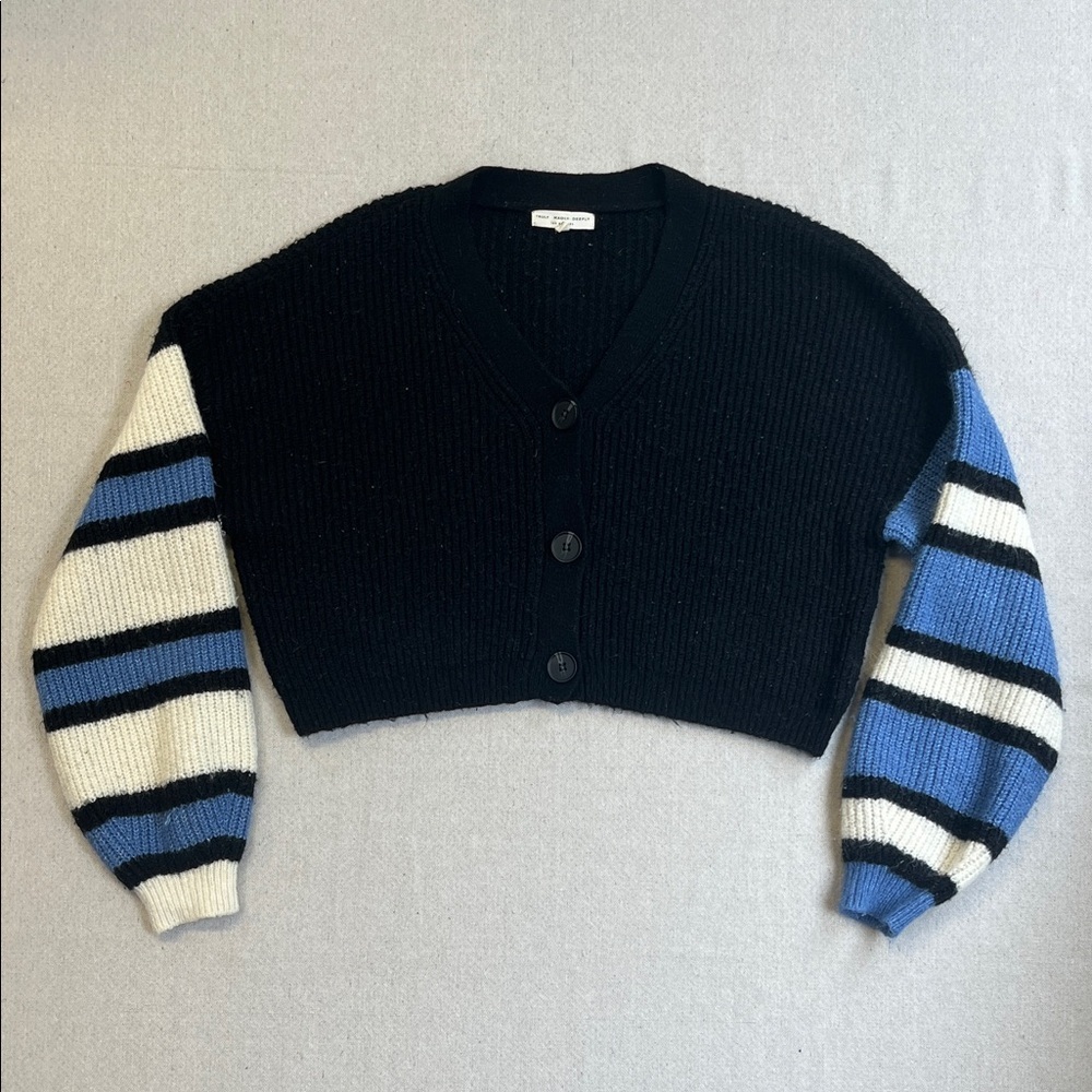 Truly Madly Deeply Black Cardigan with Blue and Cream Stripes